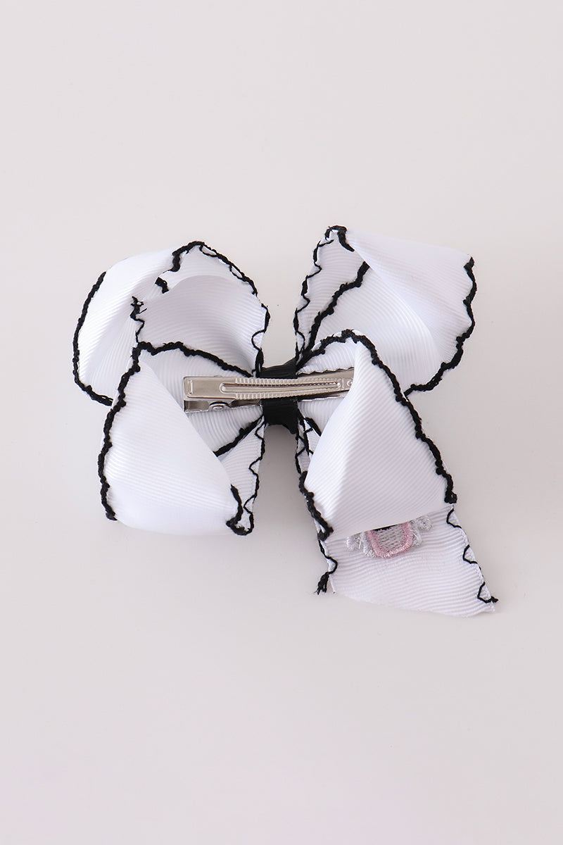 Pink Black White Ghost Embroidery Crochet Edge Hair Bow
