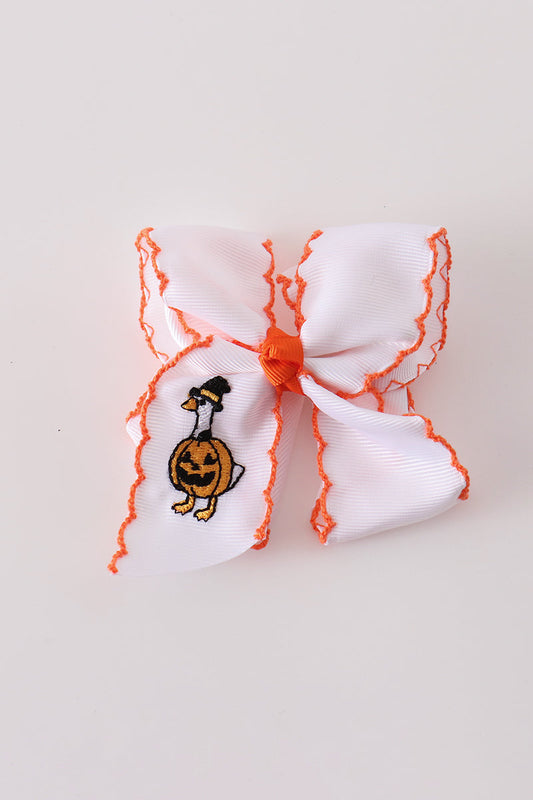 Orange Goose Pumpkin Embroidery Crochet Edge Hair Bow
