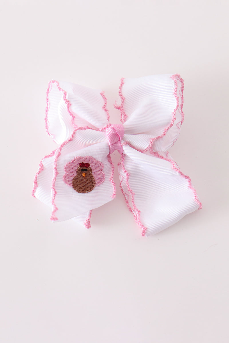 Pink Turkey Embroidery Crochet Edge Hair Bow