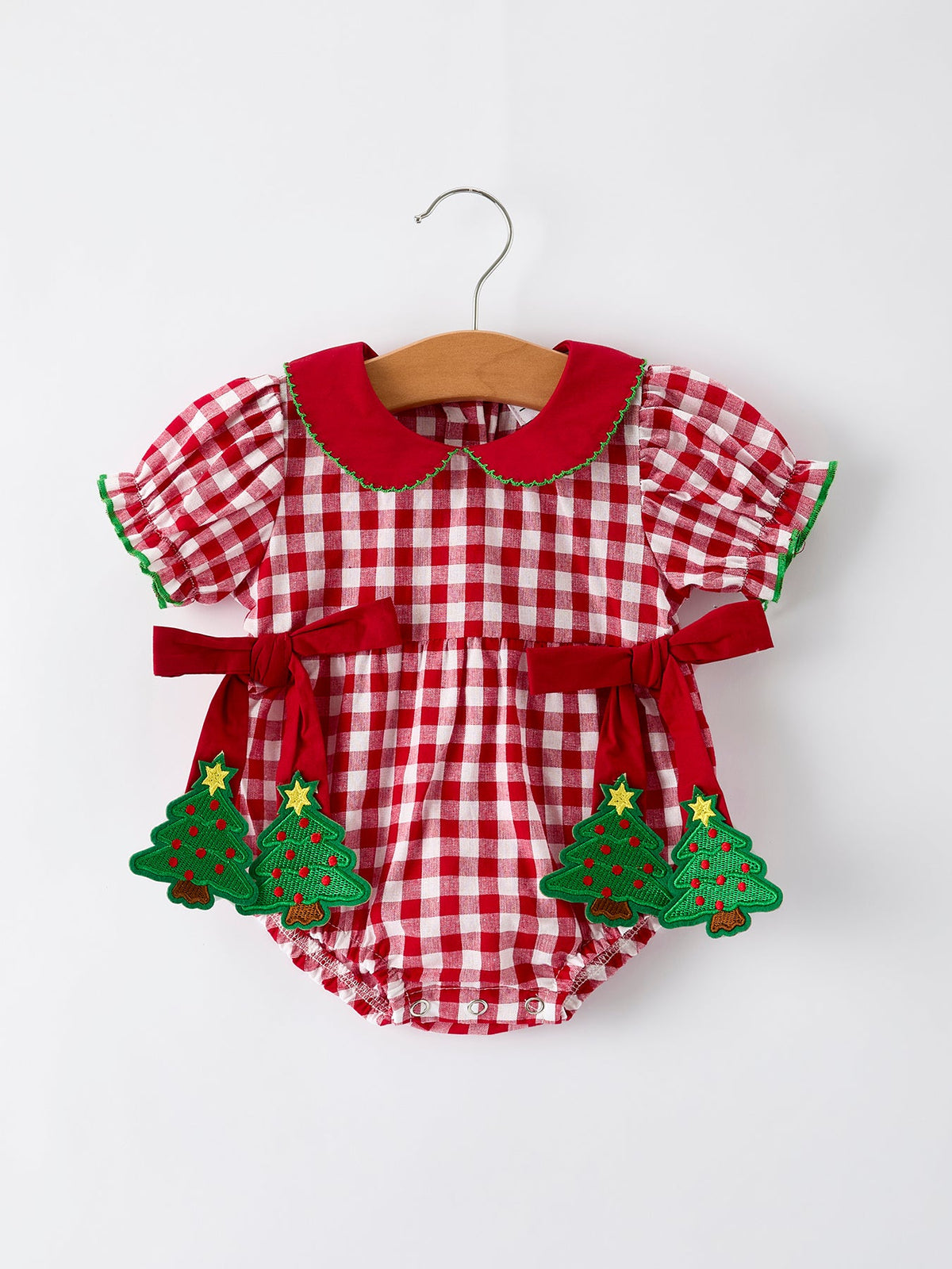 Baby Girls Christmas Outfit – Red Plaid Romper with Tree Bow Accents
