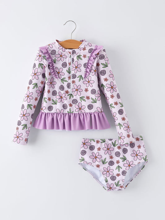 Purple Floral Long Sleeve Girl Swimwear Set