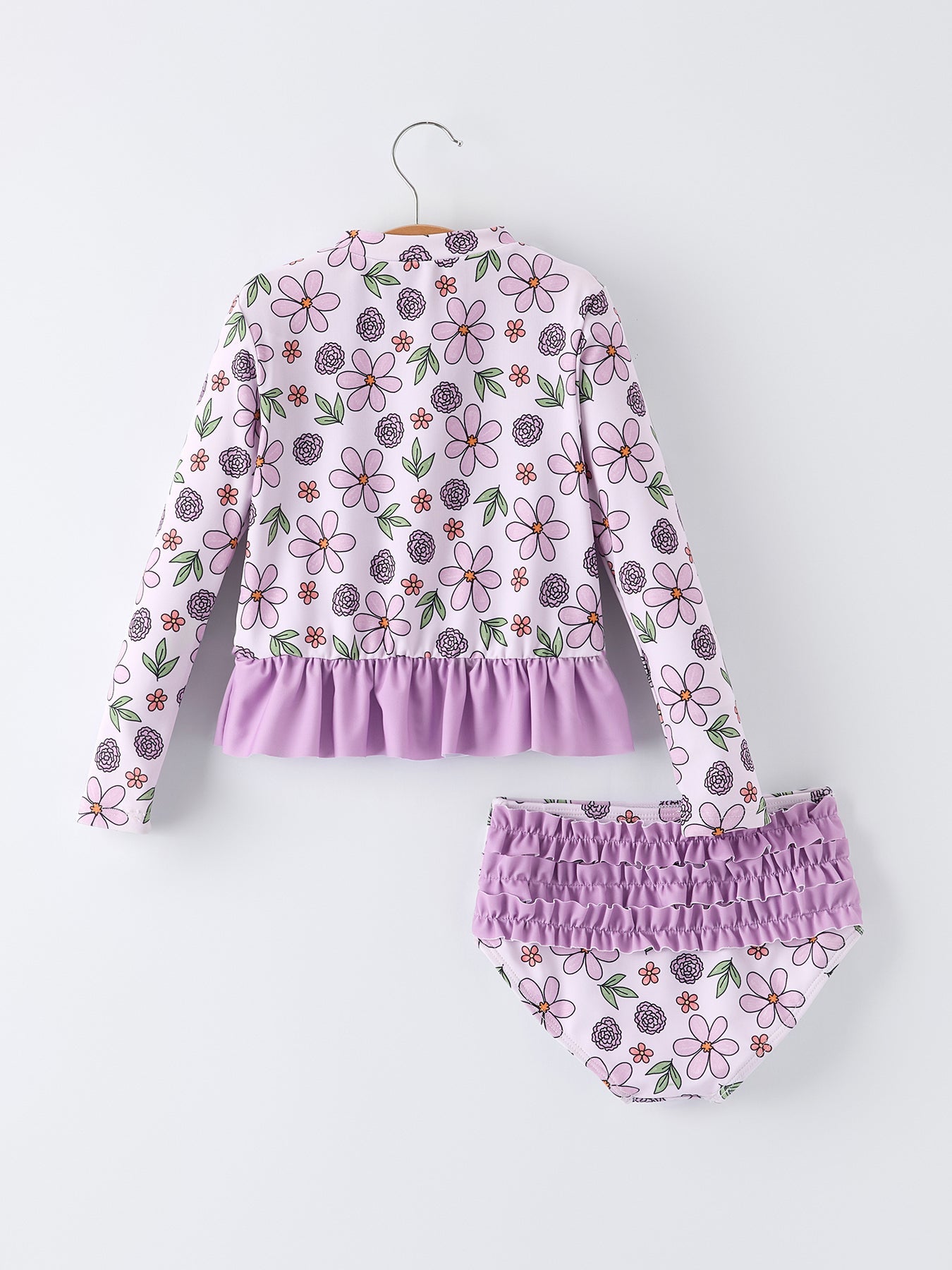 Purple Floral Long Sleeve Girl Swimwear Set
