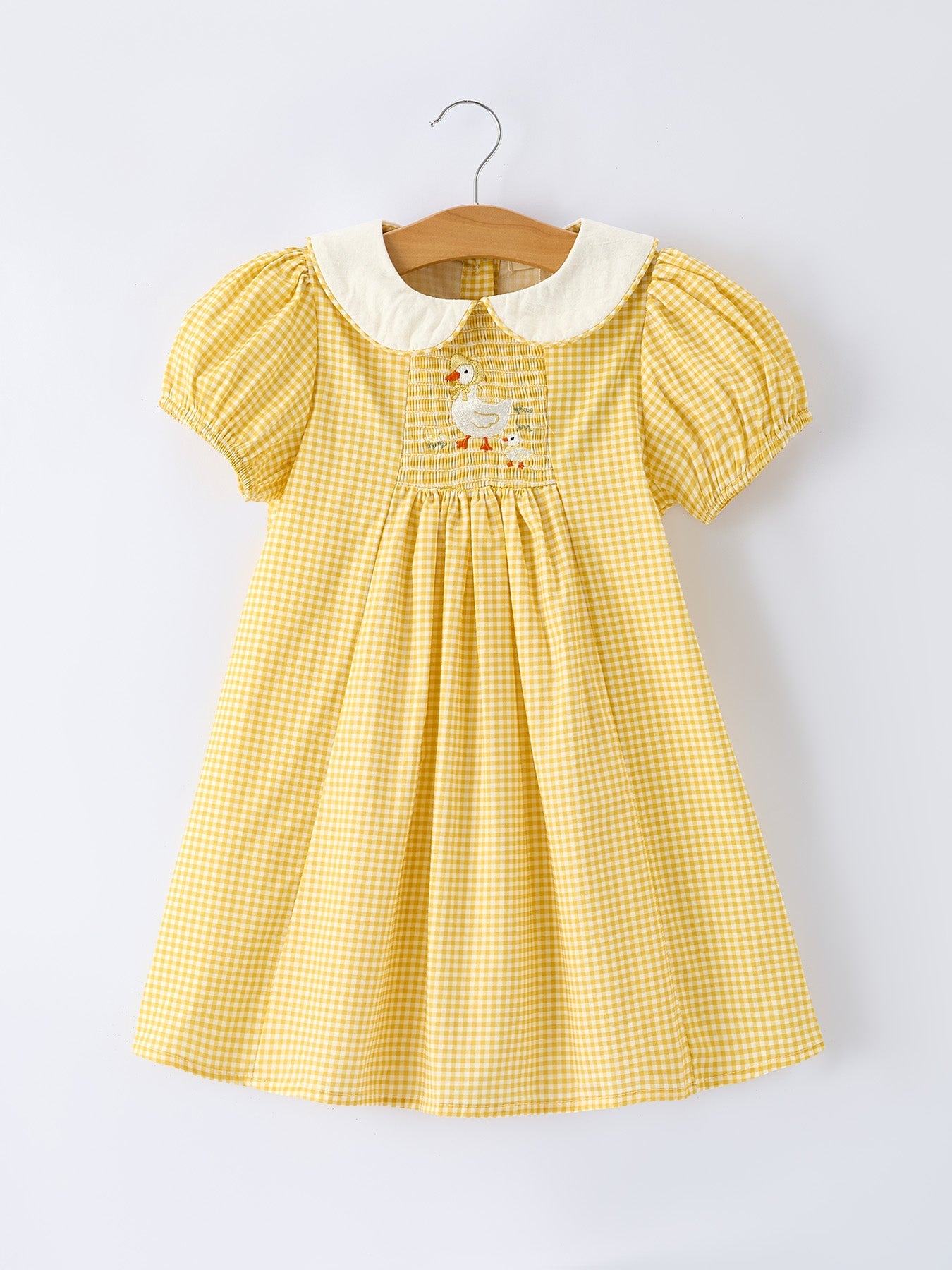 Girls Yellow Goose Embroidered Smocked Plaid Dress