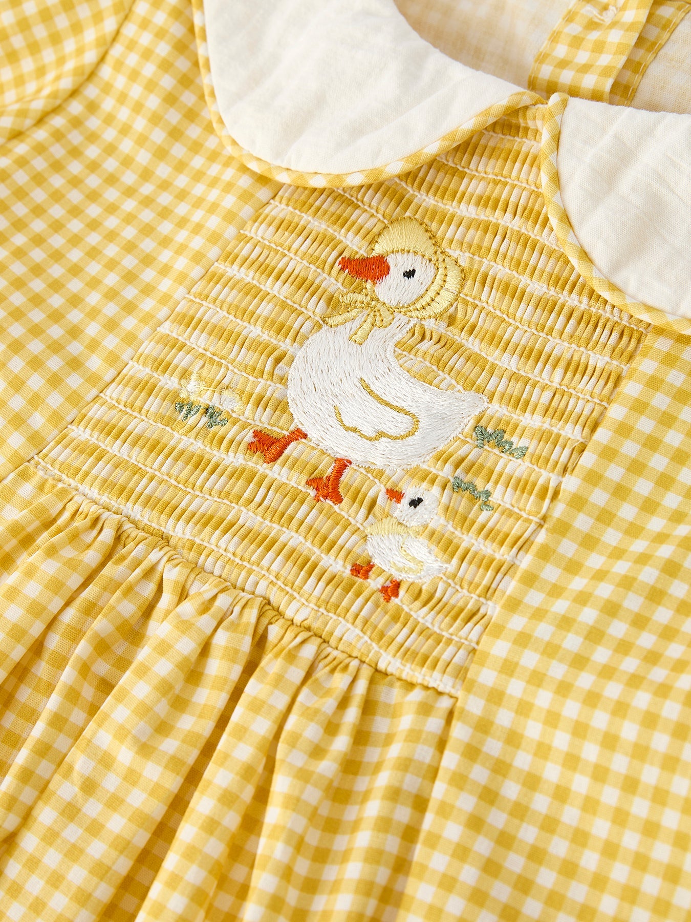 Girls Yellow Goose Embroidered Smocked Plaid Dress