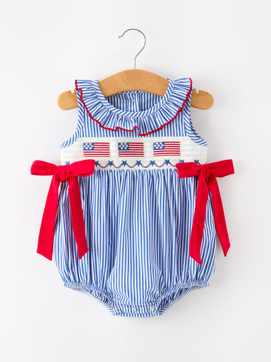 Girls 4th of July Plaid Romper Bow Smocked Embroidery