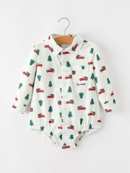 Christmas Baby Boys Christmas Tree Truck Print Long Sleeve Shirt Romper