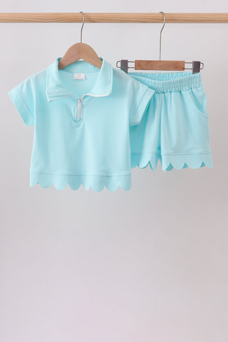 Girls’ Light Blue Scalloped Zipper Shorts Set