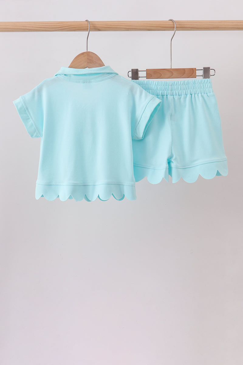 Girls’ Light Blue Scalloped Zipper Shorts Set