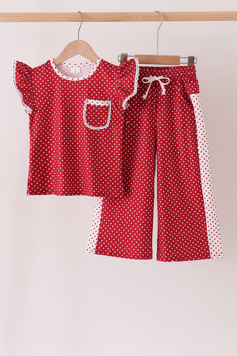 Girls Red Polka Dot Pocket Ruffle Pants Set
