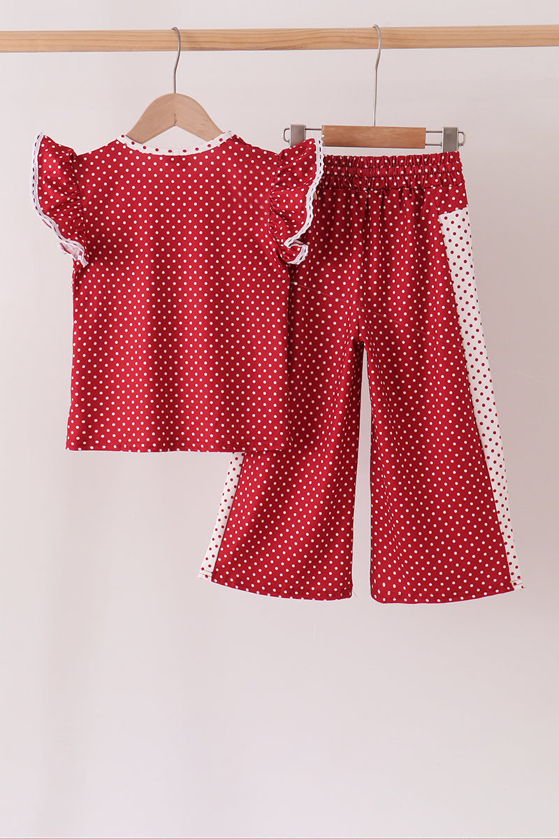 Girls Red Polka Dot Pocket Ruffle Pants Set