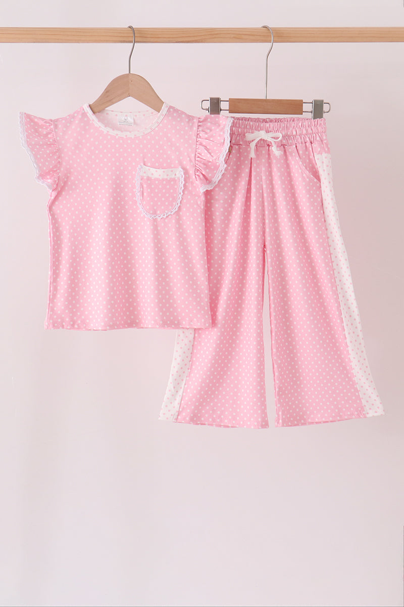 Girls Pink Polka Dot Pocket Ruffle Pants Set