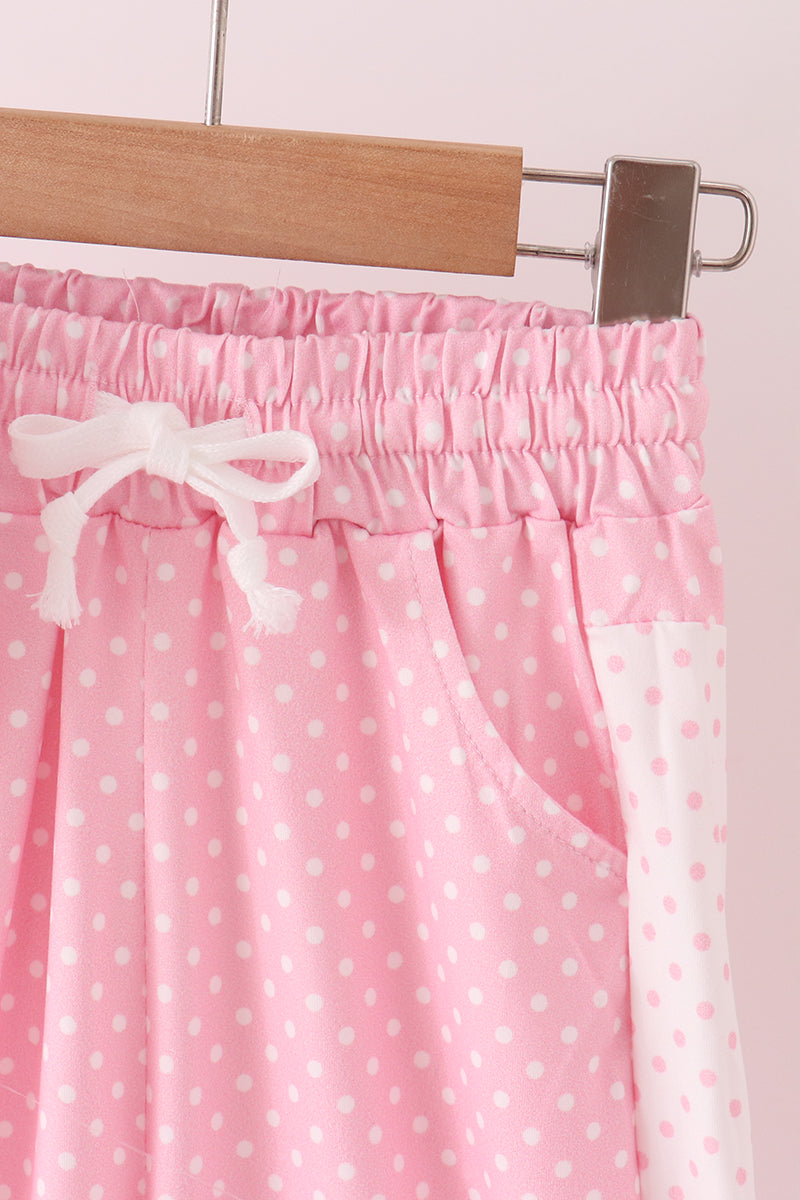 Girls Pink Polka Dot Pocket Ruffle Pants Set