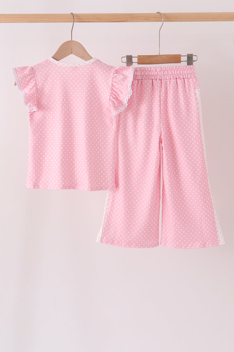 Girls Pink Polka Dot Pocket Ruffle Pants Set