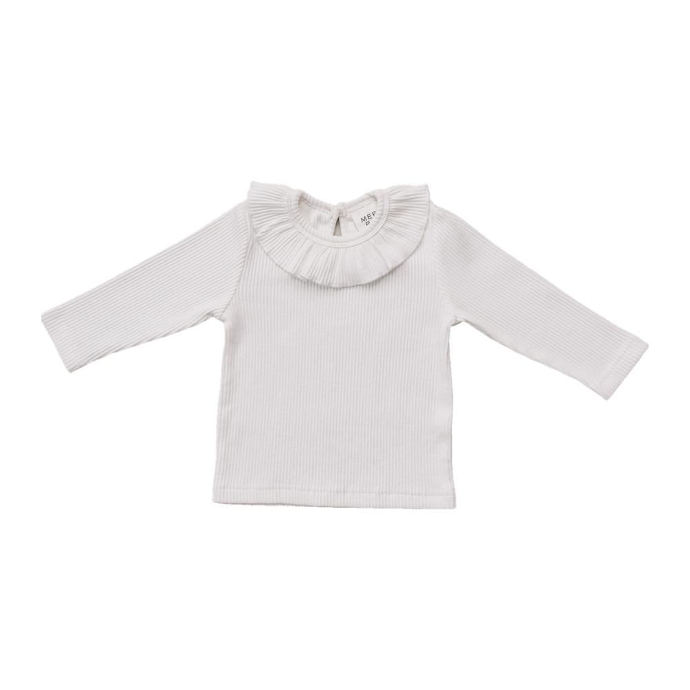 Girls White Ribbed Ruffle Collar Long Sleeve Top
