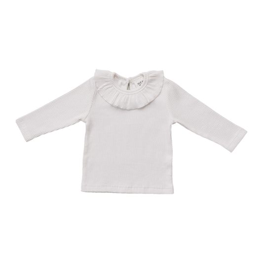 Girls White Ribbed Ruffle Collar Long Sleeve Top