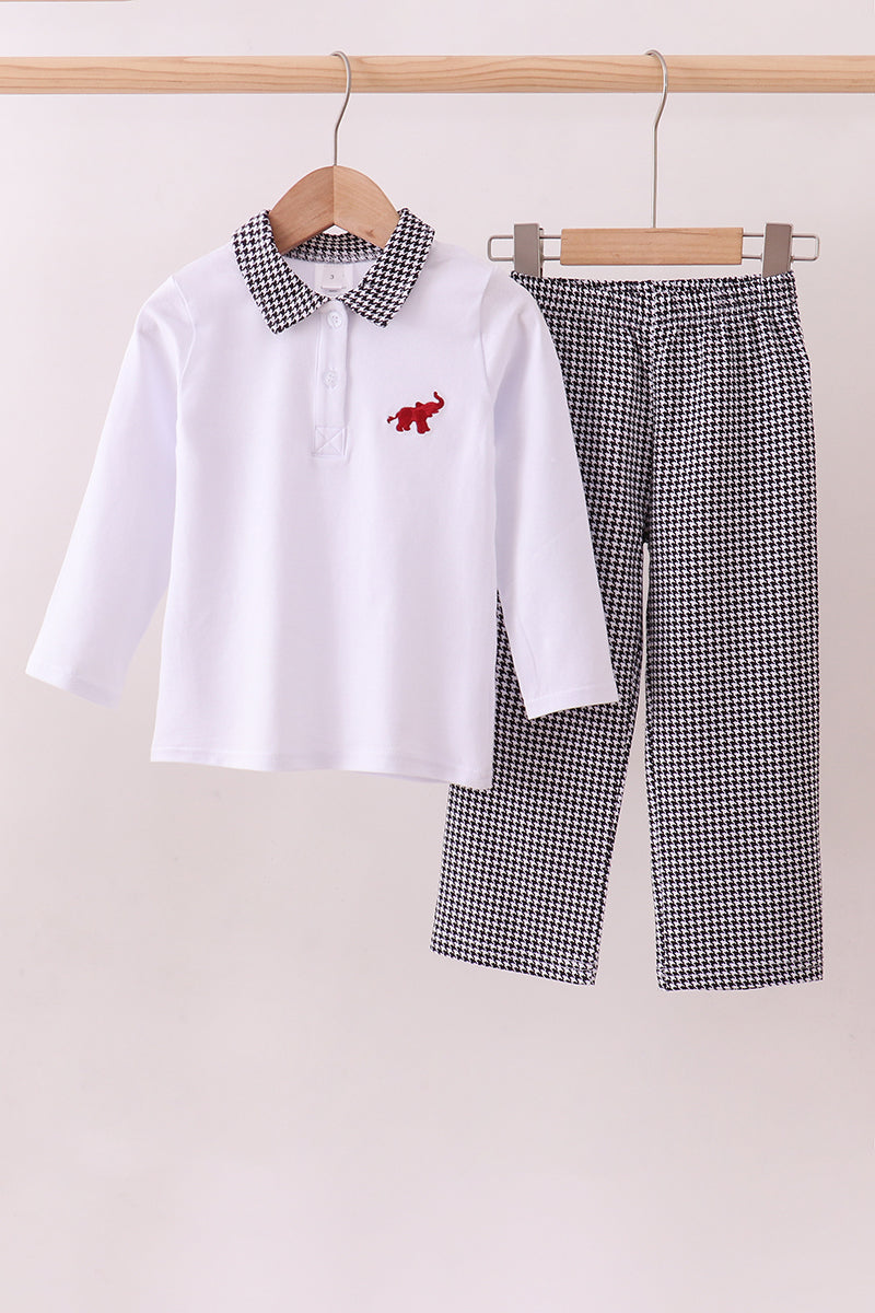 Boy White Houndstooth Alabama elephant embroidery pants set