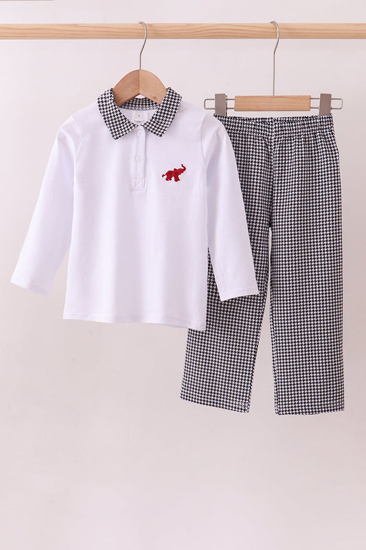 Boy White Houndstooth Alabama elephant embroidery pants set