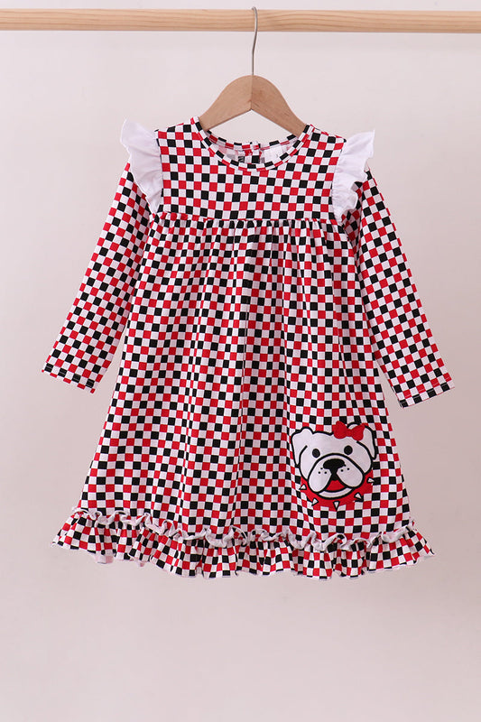 Checkered Georgia Bulldog Applique Ruffle Dress
