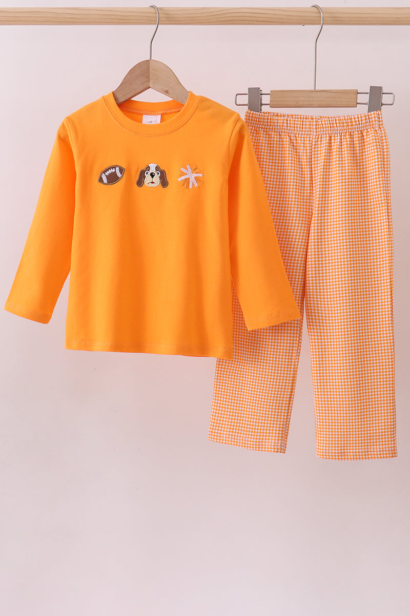 Boys Orange Tennessee Football Embroidery Gingham Pants Set