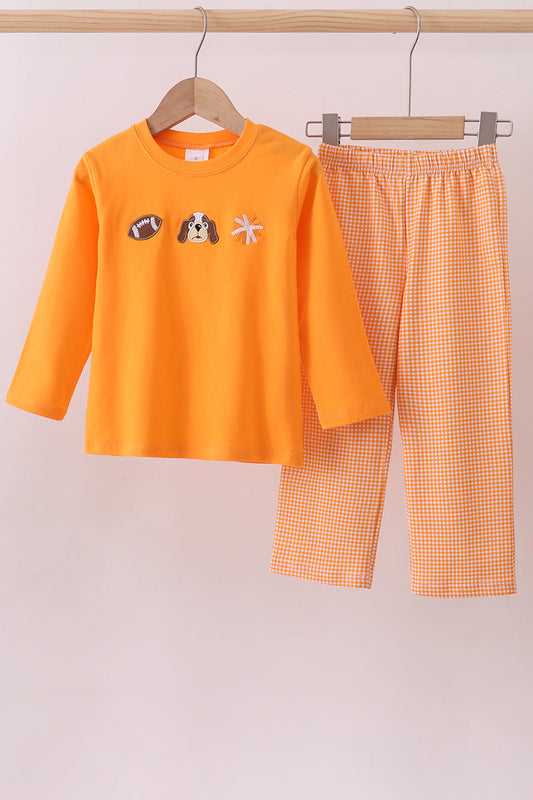 Boys Orange Tennessee Football Embroidery Gingham Pants Set