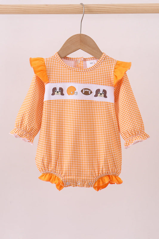 Baby Girl Long Sleeve Orange Tennessee Puppy Football Embroidery Gingham Ruffle Bubble