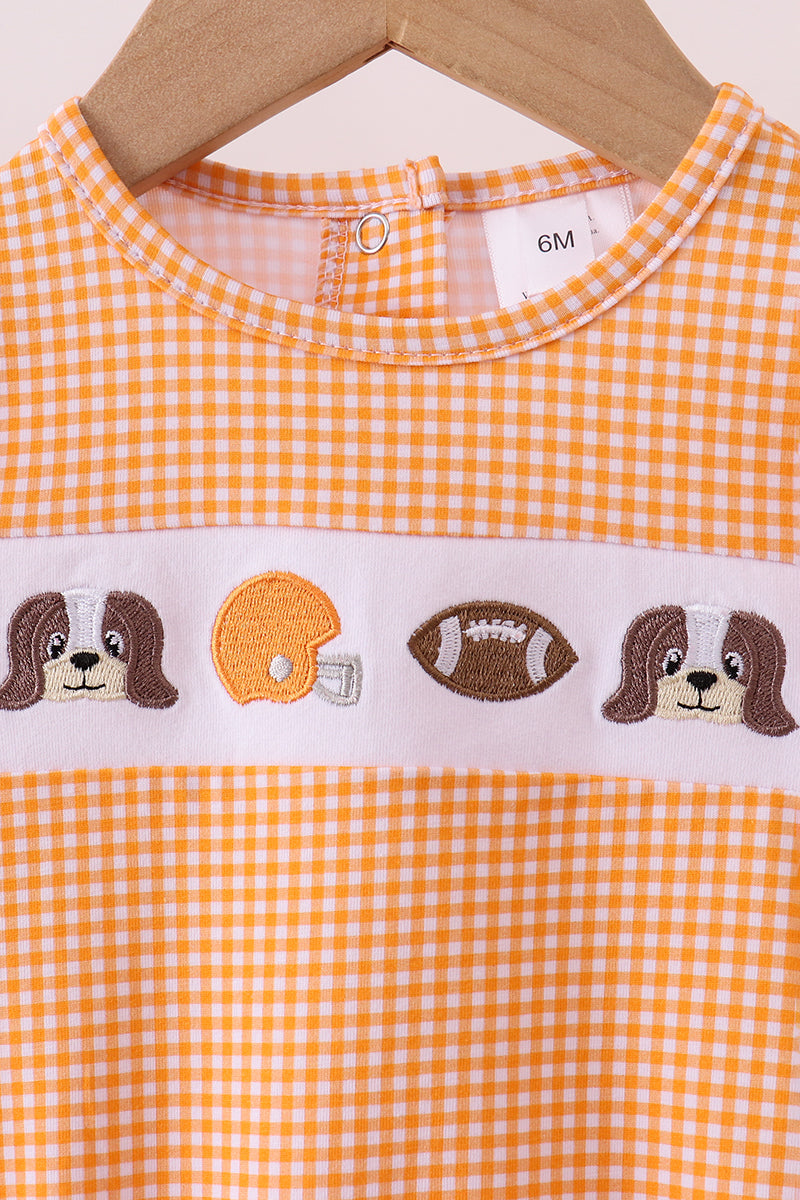 Baby Girl Long Sleeve Orange Tennessee Puppy Football Embroidery Gingham Ruffle Bubble