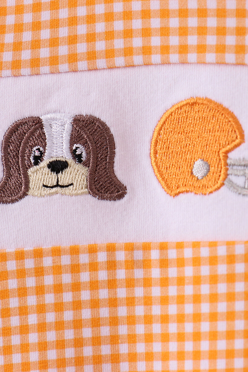 Baby Girl Long Sleeve Orange Tennessee Puppy Football Embroidery Gingham Ruffle Bubble