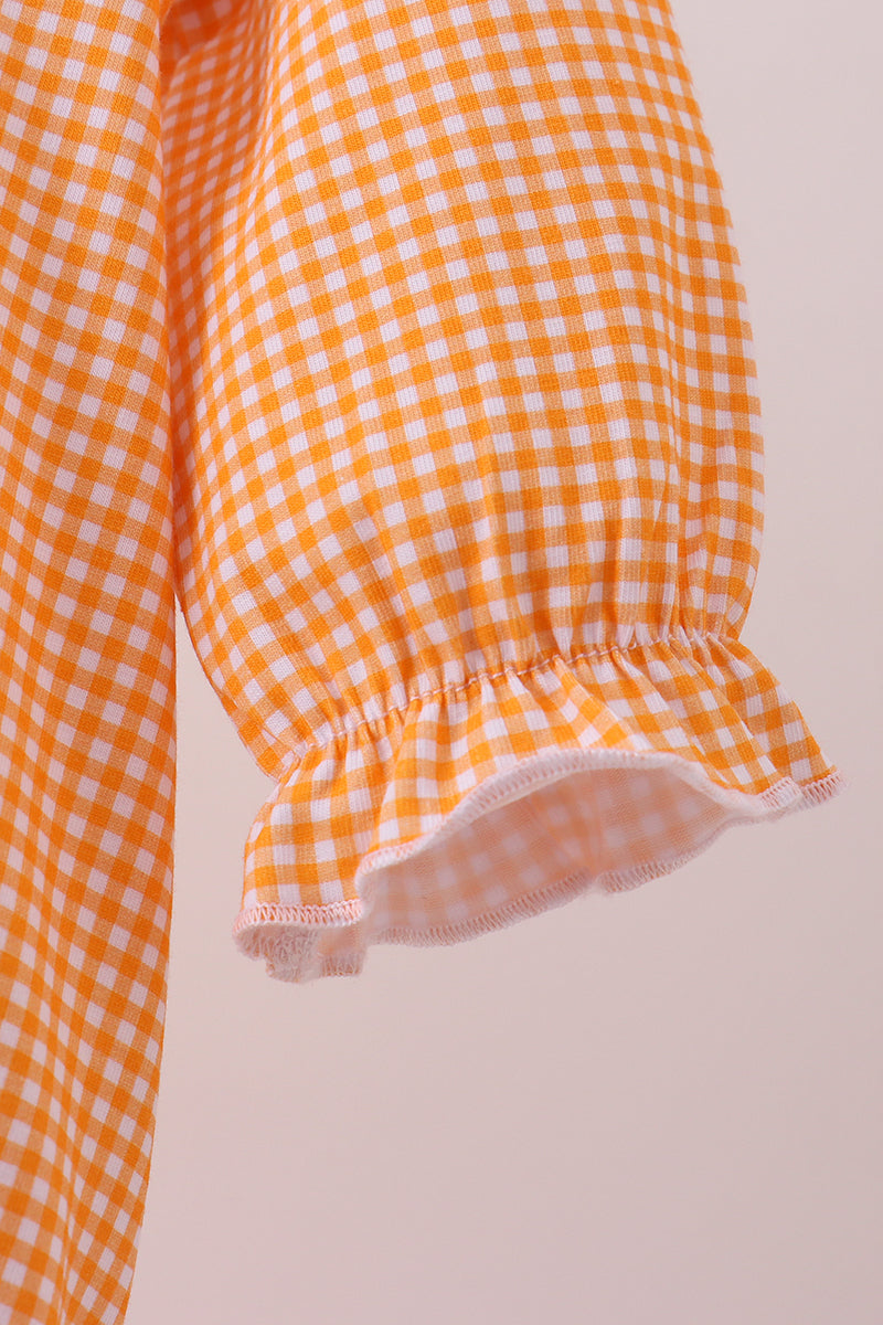 Baby Girl Long Sleeve Orange Tennessee Puppy Football Embroidery Gingham Ruffle Bubble