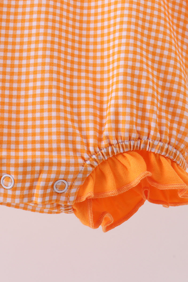 Baby Girl Long Sleeve Orange Tennessee Puppy Football Embroidery Gingham Ruffle Bubble