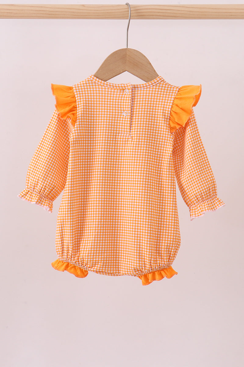 Baby Girl Long Sleeve Orange Tennessee Puppy Football Embroidery Gingham Ruffle Bubble