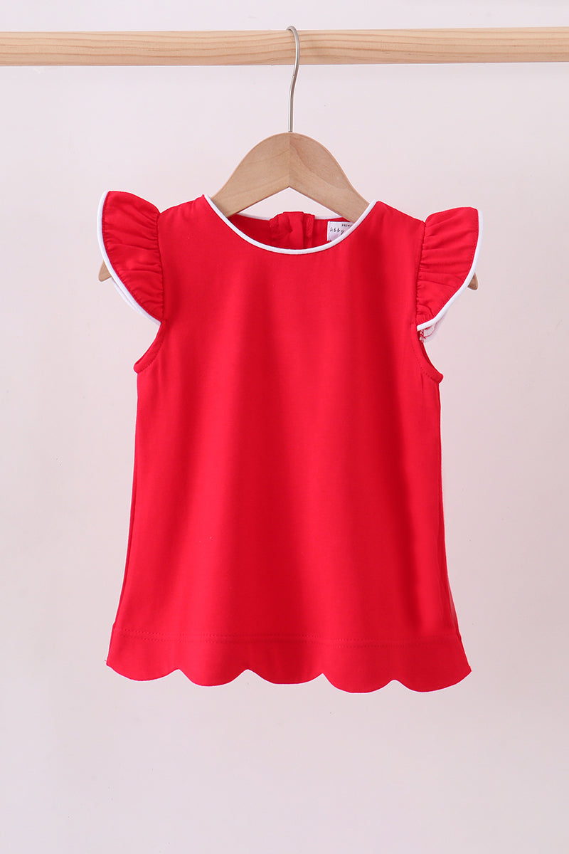 Girls Red Flutter Sleeve Scalloped Top