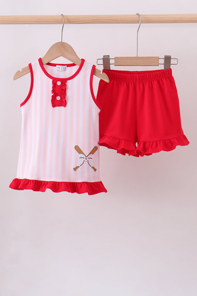 Pink Baseball Bow Stripe Ruffle Shorts Set