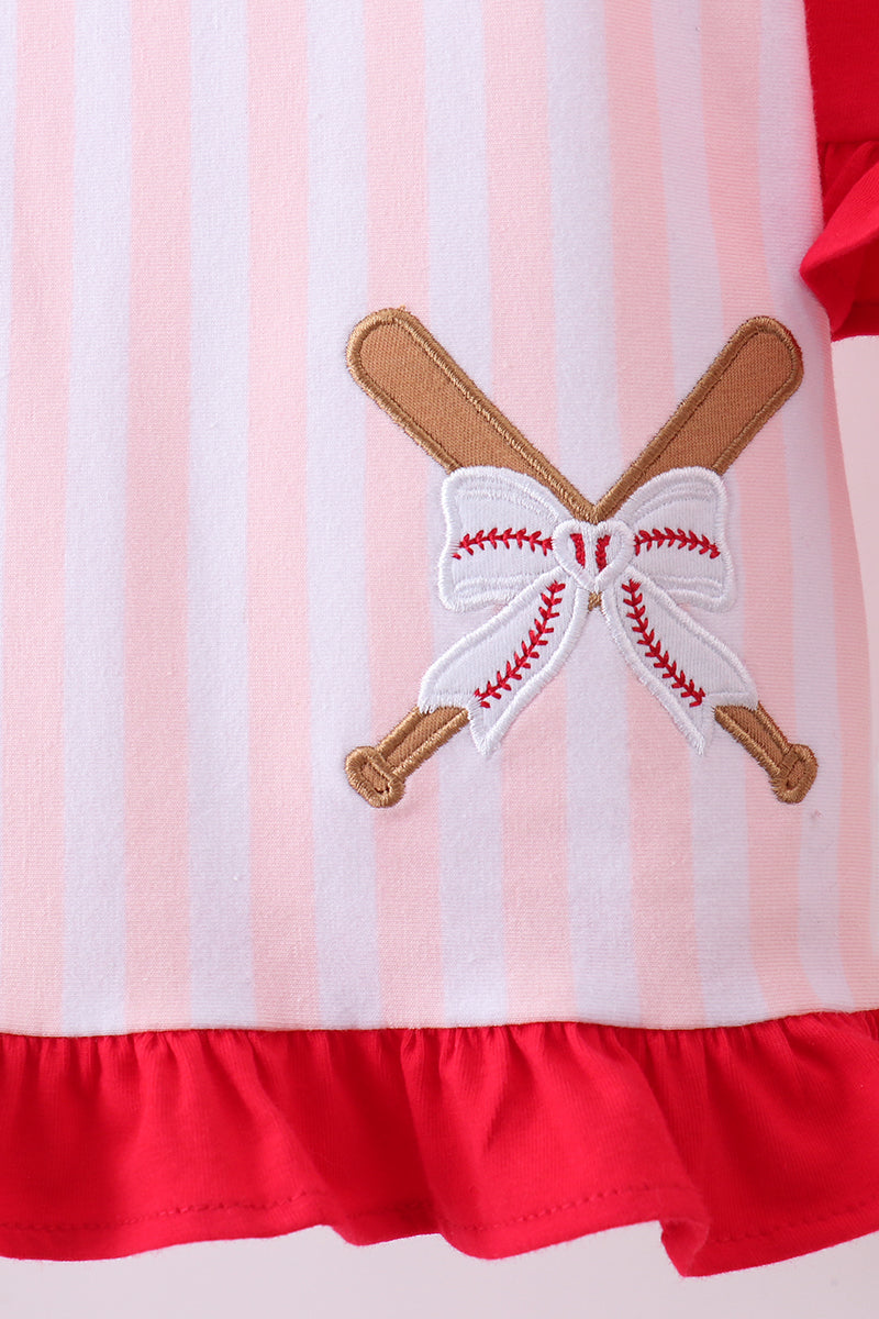 Pink Baseball Bow Stripe Ruffle Shorts Set