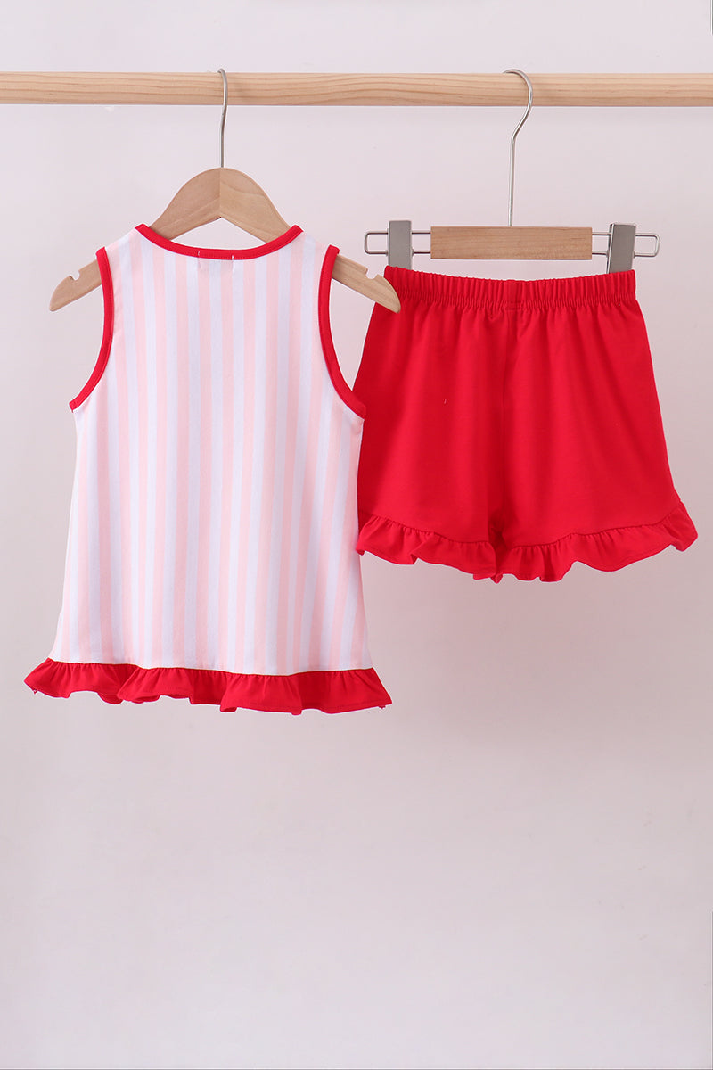 Pink Baseball Bow Stripe Ruffle Shorts Set