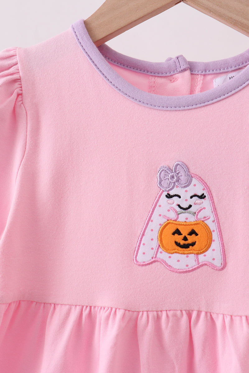 Girls Pink Ghost Pumpkin Embroidery Dress