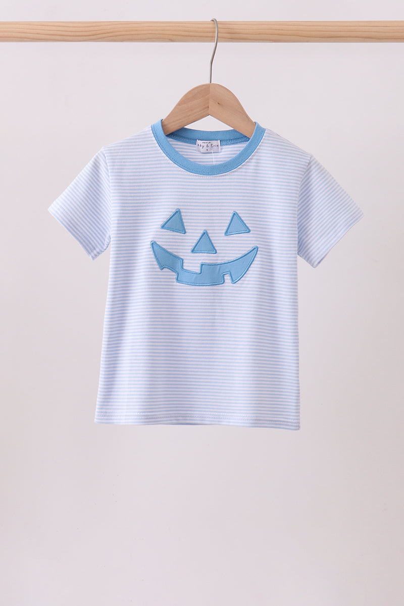Blue Stripe Pumpkin Face Applique Top