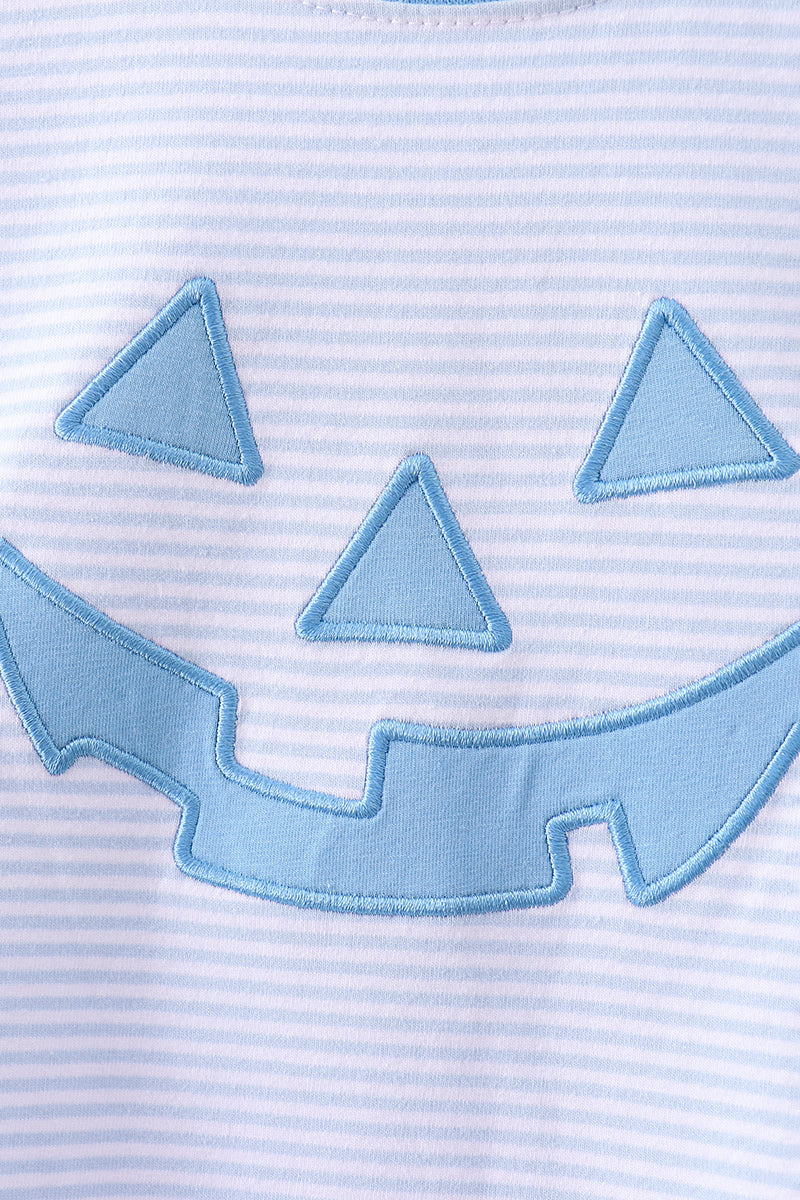 Blue Stripe Pumpkin Face Applique Top
