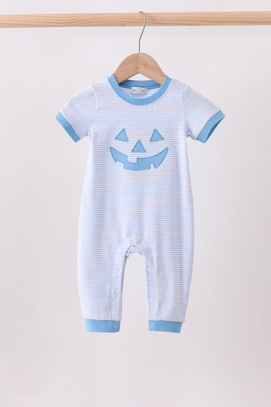 Blue Stripe Pumpkin Face Applique Romper