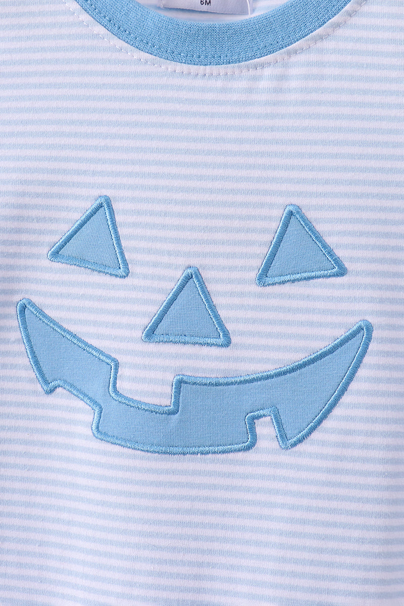 Blue Stripe Pumpkin Face Applique Romper
