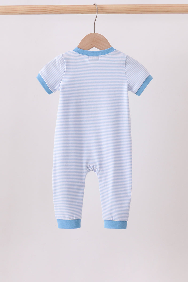 Blue Stripe Pumpkin Face Applique Romper