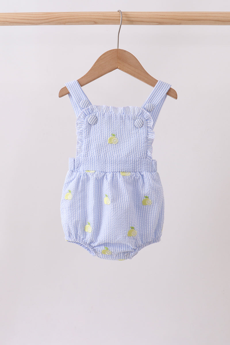 Blue Stripe Seersucker Lemon Embroidery Ruffle Bubble