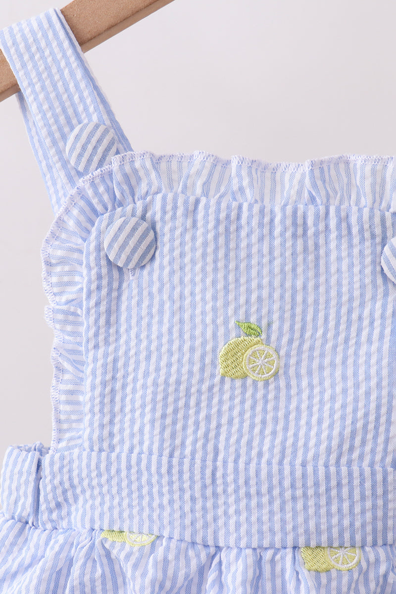 Blue Stripe Seersucker Lemon Embroidery Ruffle Bubble