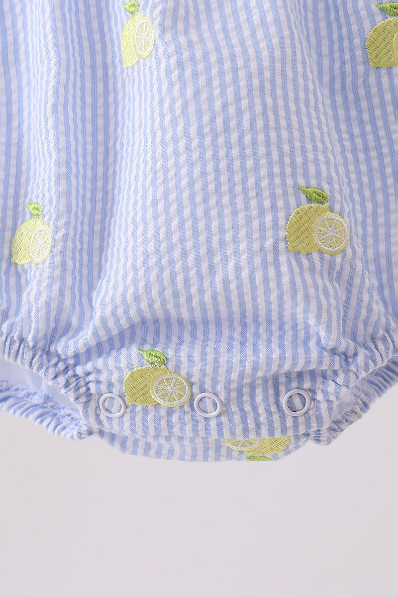 Blue Stripe Seersucker Lemon Embroidery Ruffle Bubble