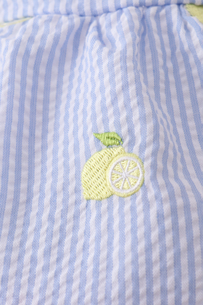 Blue Stripe Seersucker Lemon Embroidery Ruffle Bubble