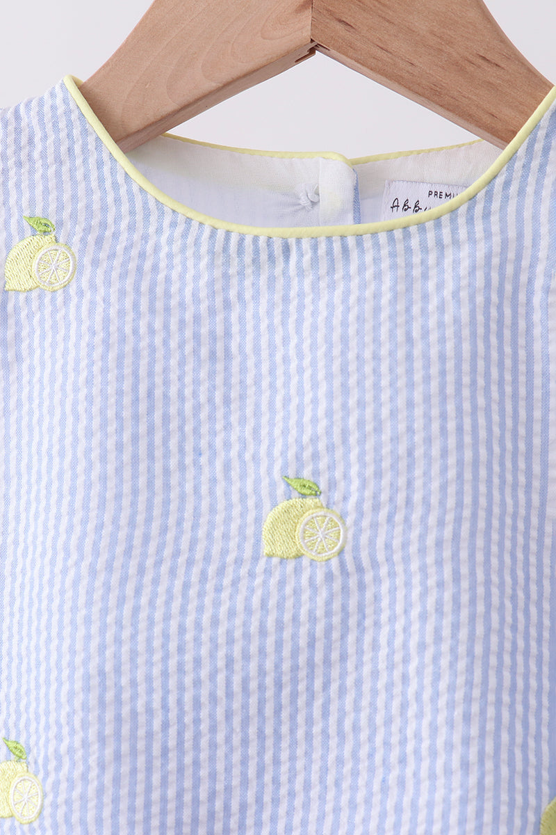 Blue Stripe Seersucker Lemon Embroidery Scalloped Bloomer Set