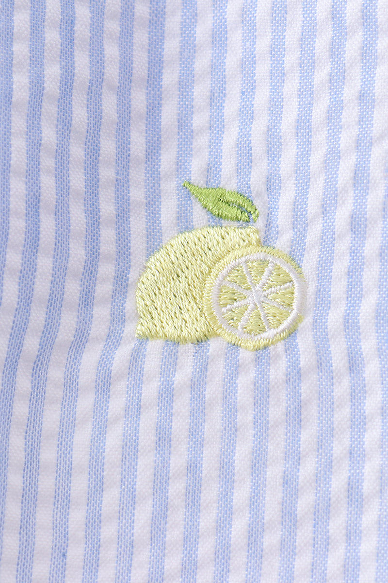 Blue Stripe Seersucker Lemon Embroidery Scalloped Bloomer Set