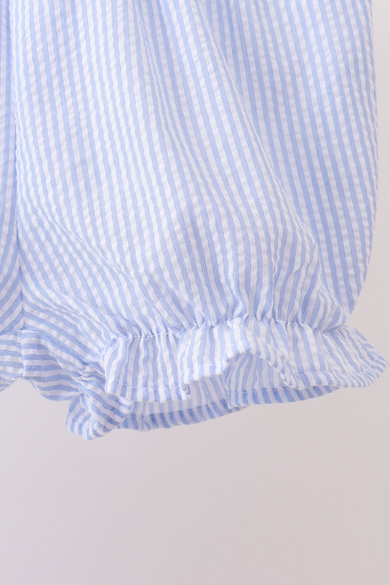 Blue Stripe Seersucker Lemon Embroidery Scalloped Bloomer Set