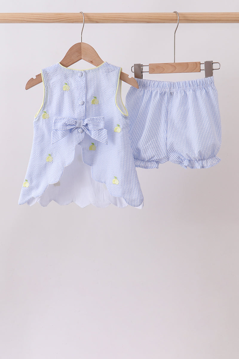 Blue Stripe Seersucker Lemon Embroidery Scalloped Bloomer Set