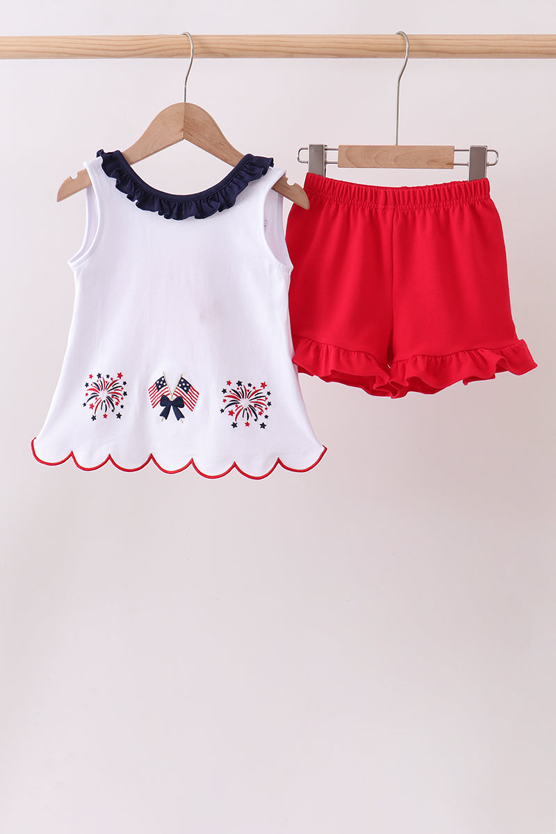 Girls Red flag fireworks embroidery ruffle shorts set
