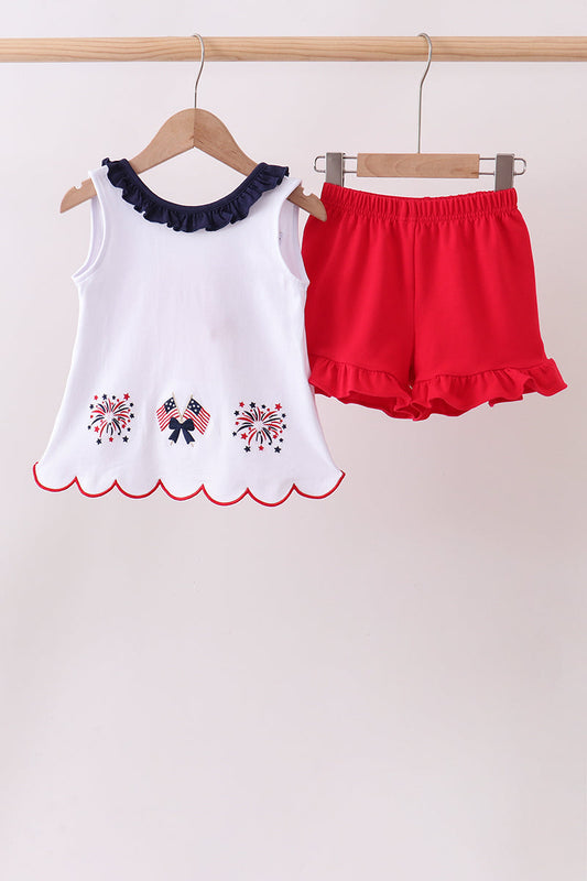Girls Red flag fireworks embroidery ruffle shorts set